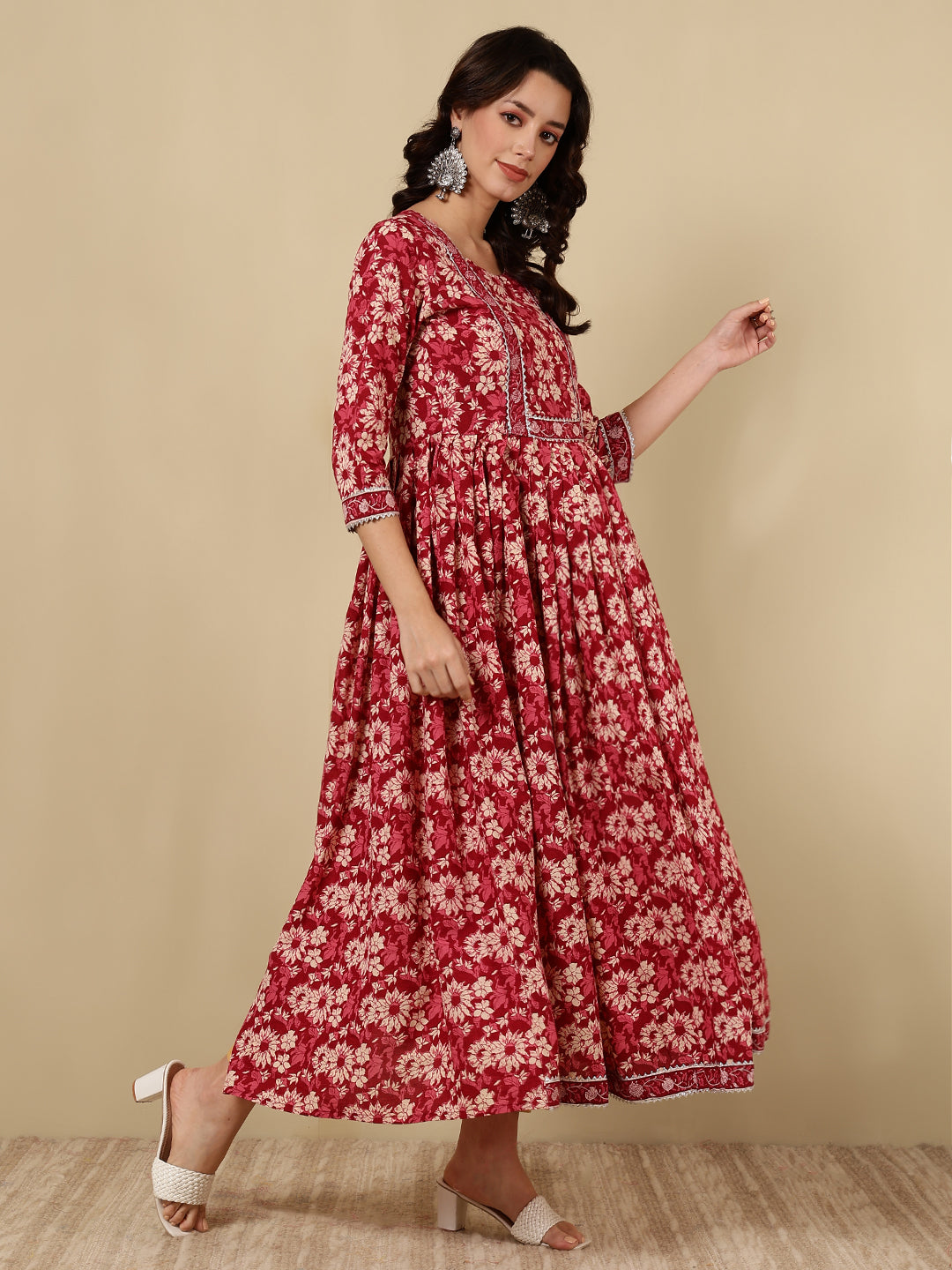 Rayon Printed Ankle Length 3/4 Sleeve Round Neck Flared Kurta