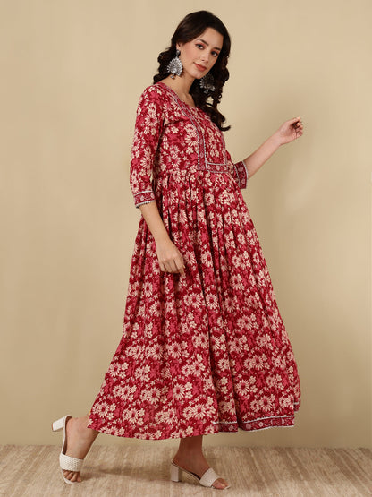 Rayon Printed Ankle Length 3/4 Sleeve Round Neck Flared Kurta