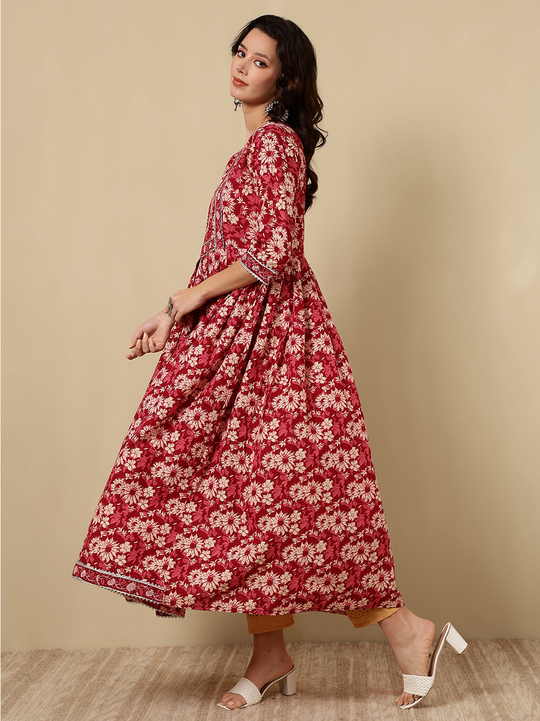 Rayon Printed Ankle Length 3/4 Sleeve Round Neck Flared Kurta