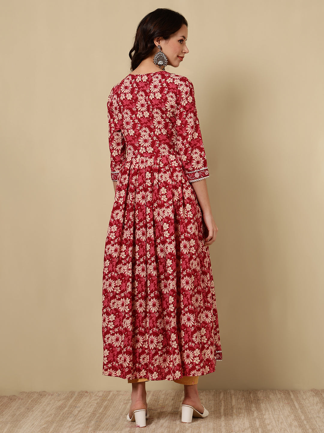 Rayon Printed Ankle Length 3/4 Sleeve Round Neck Flared Kurta