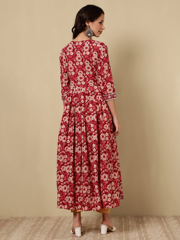 Rayon Printed Ankle Length 3/4 Sleeve Round Neck Flared Kurta