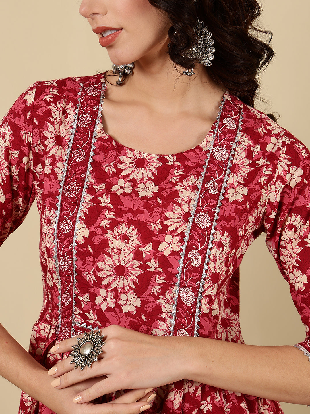 Rayon Printed Ankle Length 3/4 Sleeve Round Neck Flared Kurta