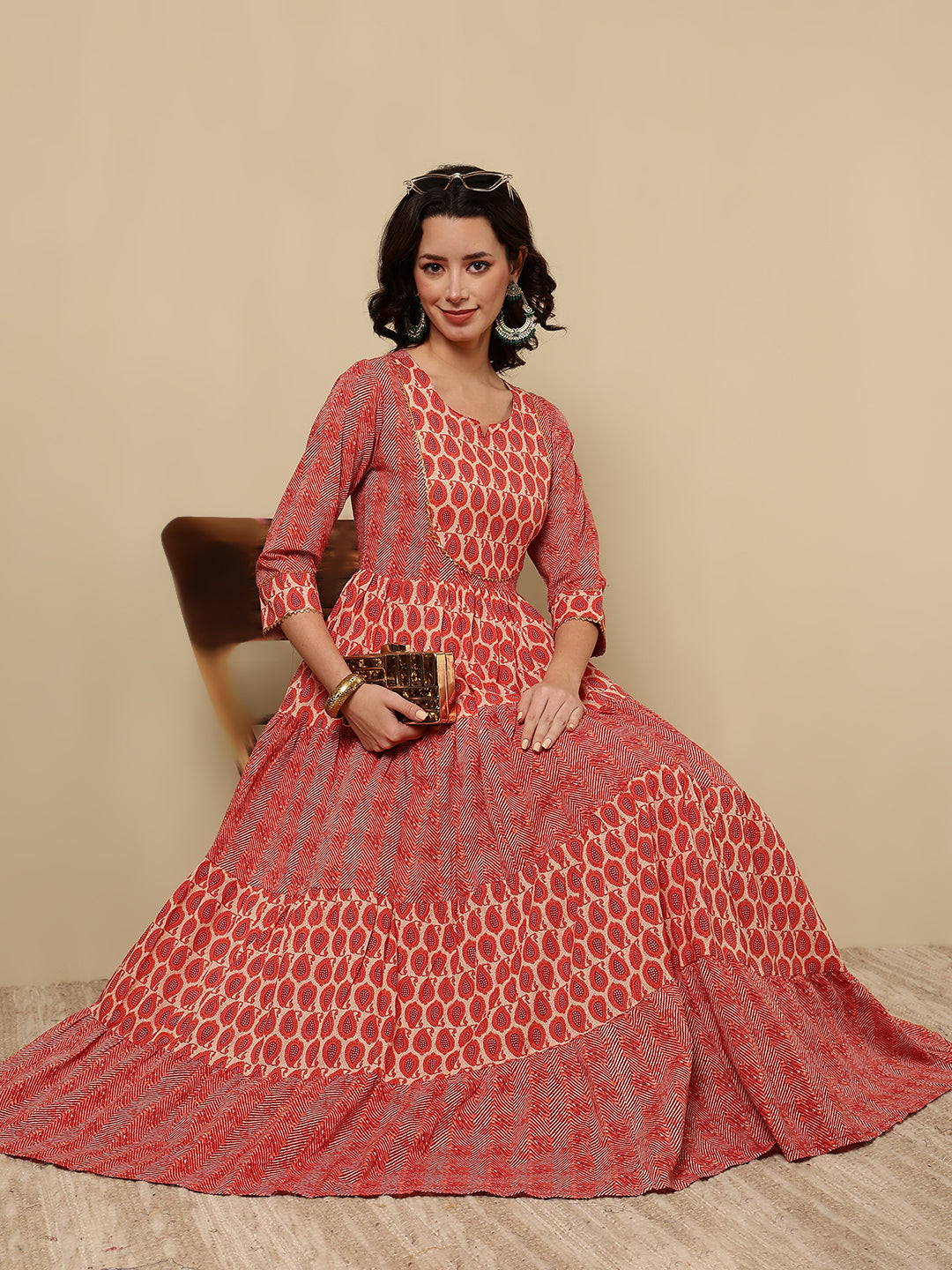 Rayon Printed Ankle Length 3/4 Sleeve Round Neck Tiered Kurta