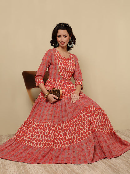 Rayon Printed Ankle Length 3/4 Sleeve Round Neck Tiered Kurta