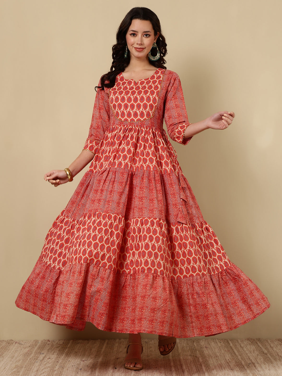 Rayon Printed Ankle Length 3/4 Sleeve Round Neck Tiered Kurta