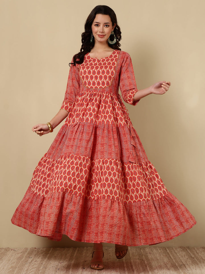 Rayon Printed Ankle Length 3/4 Sleeve Round Neck Tiered Kurta