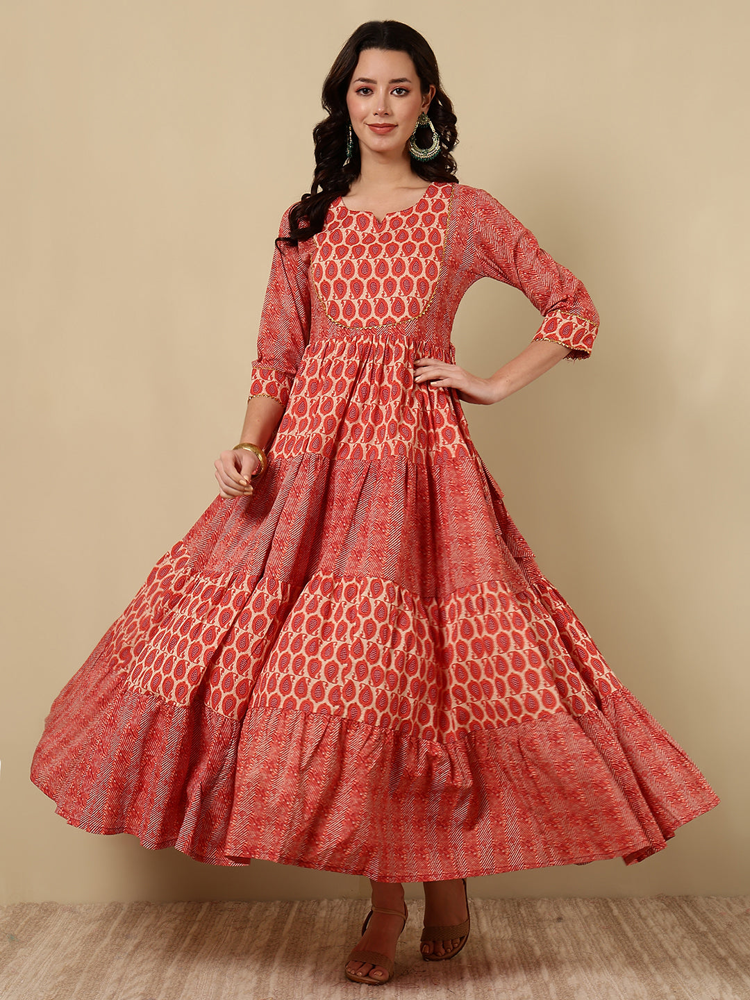 Rayon Printed Ankle Length 3/4 Sleeve Round Neck Tiered Kurta