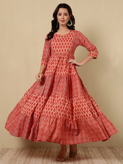 Rayon Printed Ankle Length 3/4 Sleeve Round Neck Tiered Kurta