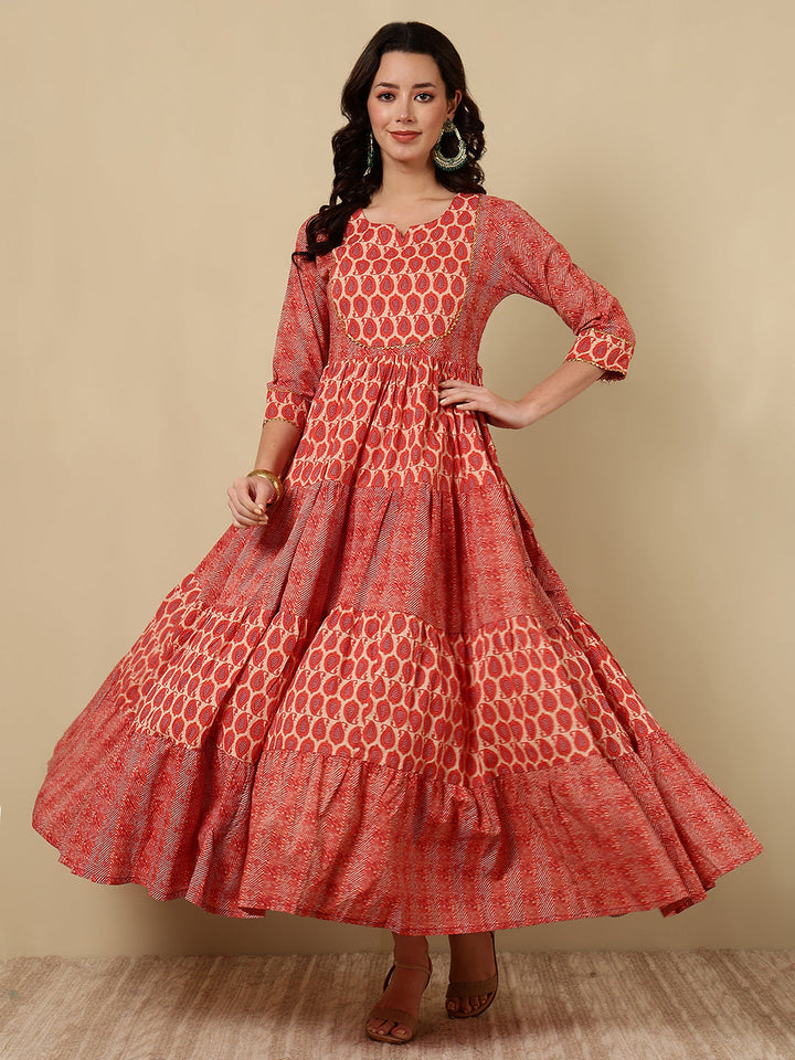 Rayon Printed Ankle Length 3/4 Sleeve Round Neck Tiered Kurta