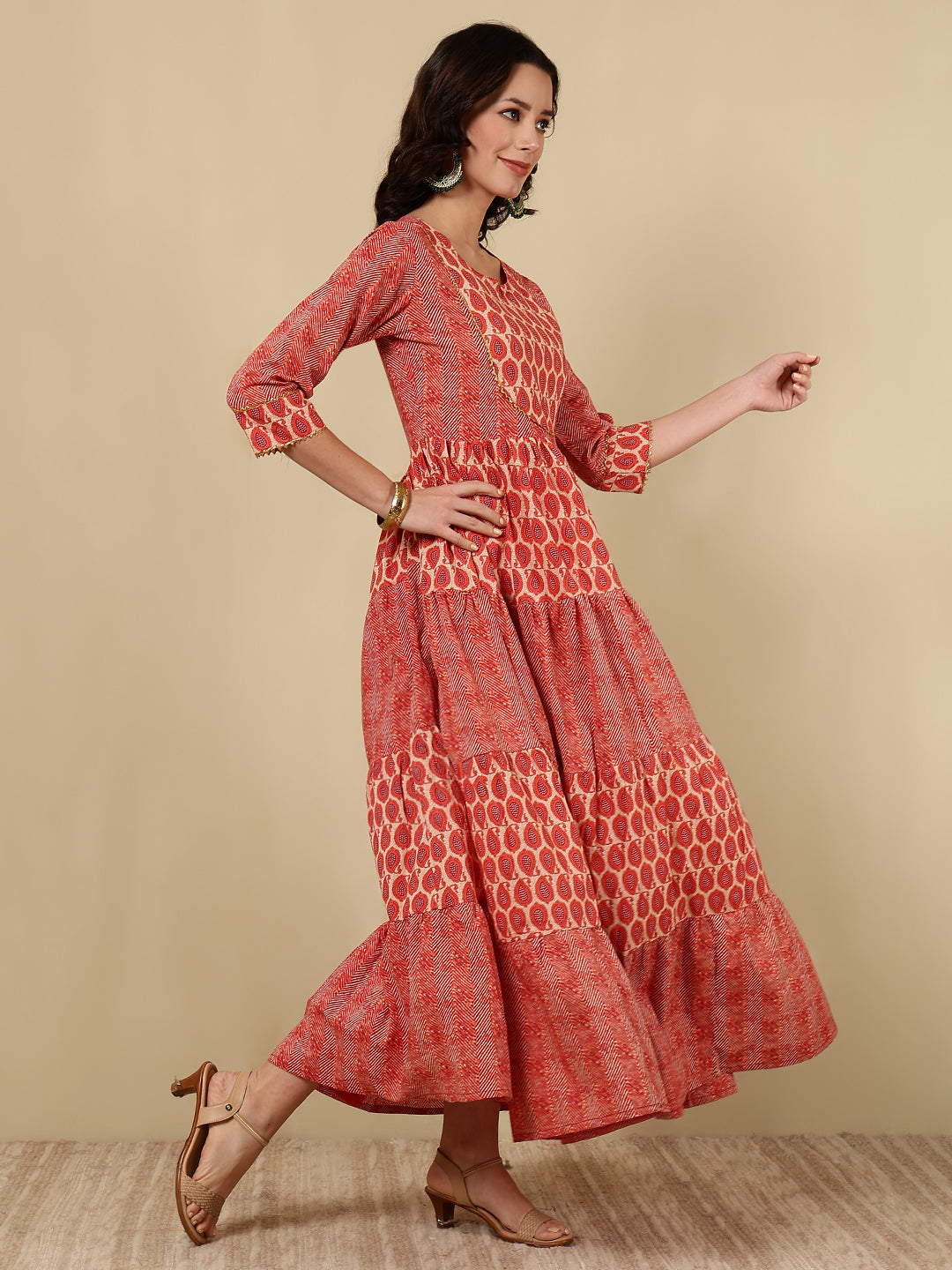 Rayon Printed Ankle Length 3/4 Sleeve Round Neck Tiered Kurta