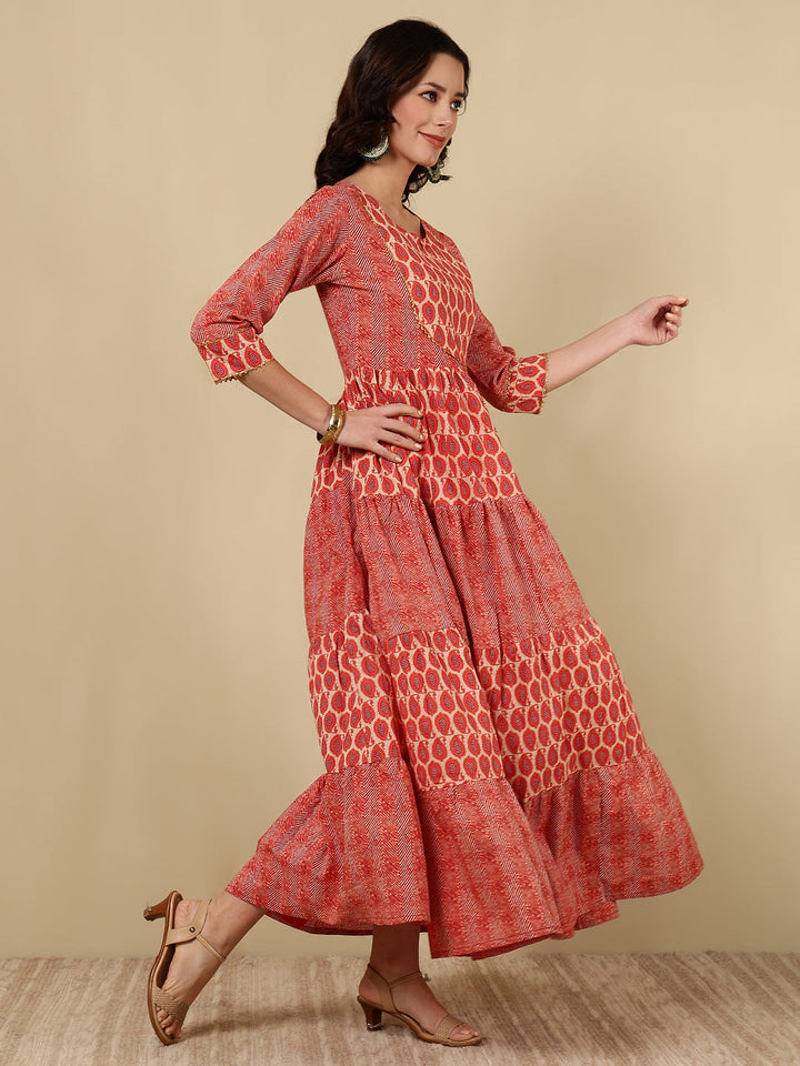 Rayon Printed Ankle Length 3/4 Sleeve Round Neck Tiered Kurta