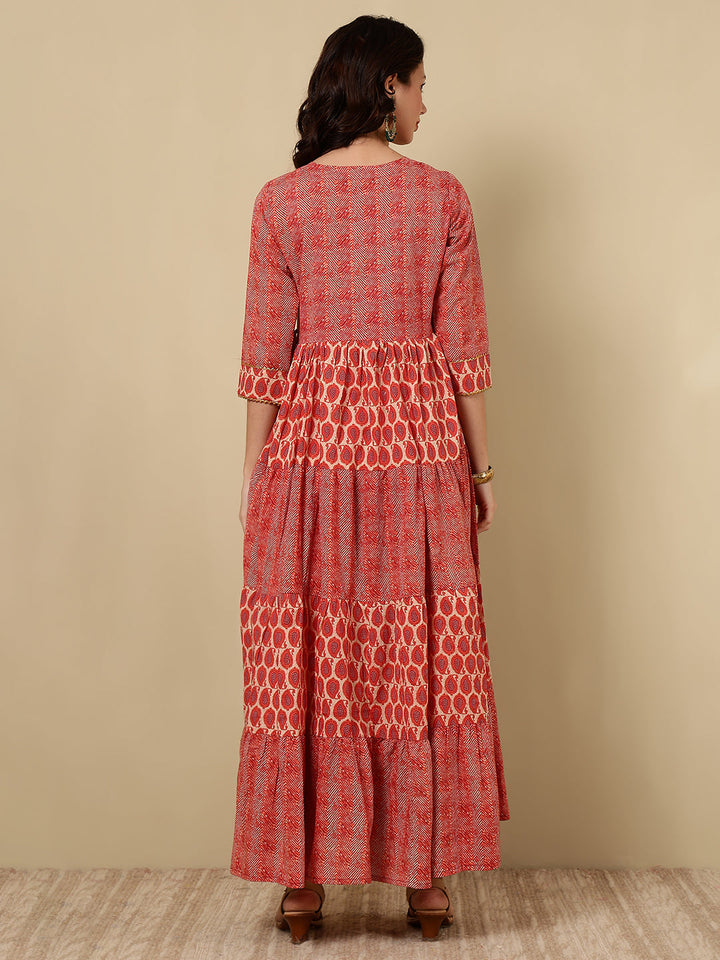 Rayon Printed Ankle Length 3/4 Sleeve Round Neck Tiered Kurta
