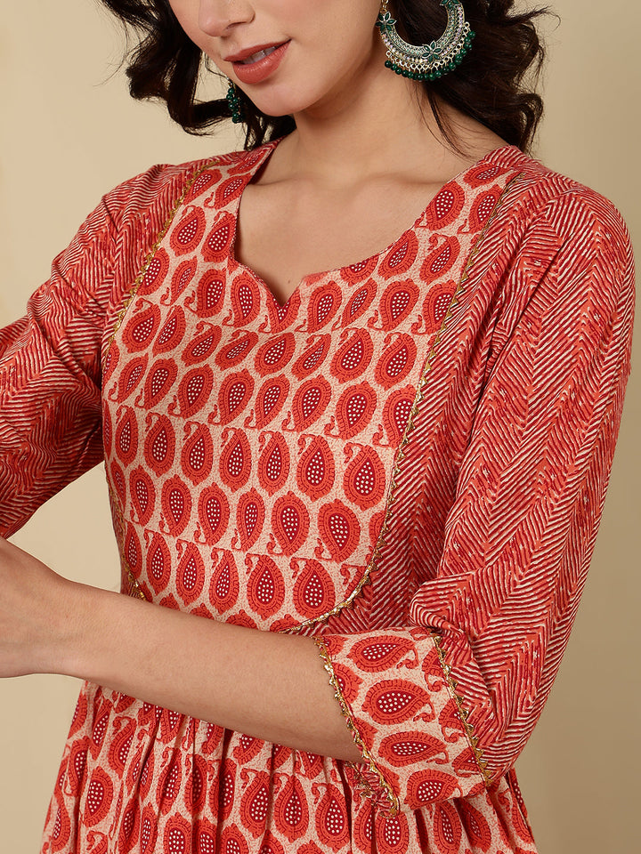 Rayon Printed Ankle Length 3/4 Sleeve Round Neck Tiered Kurta