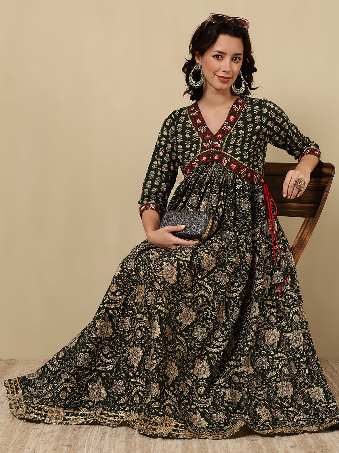 Rayon Printed Ankle Length 3/4 Sleeve V-Neck Alia Cut Tiered Kurta