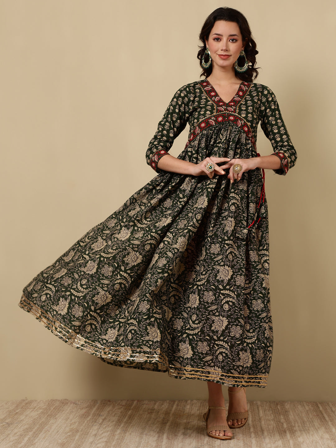 Rayon Printed Ankle Length 3/4 Sleeve V-Neck Alia Cut Tiered Kurta
