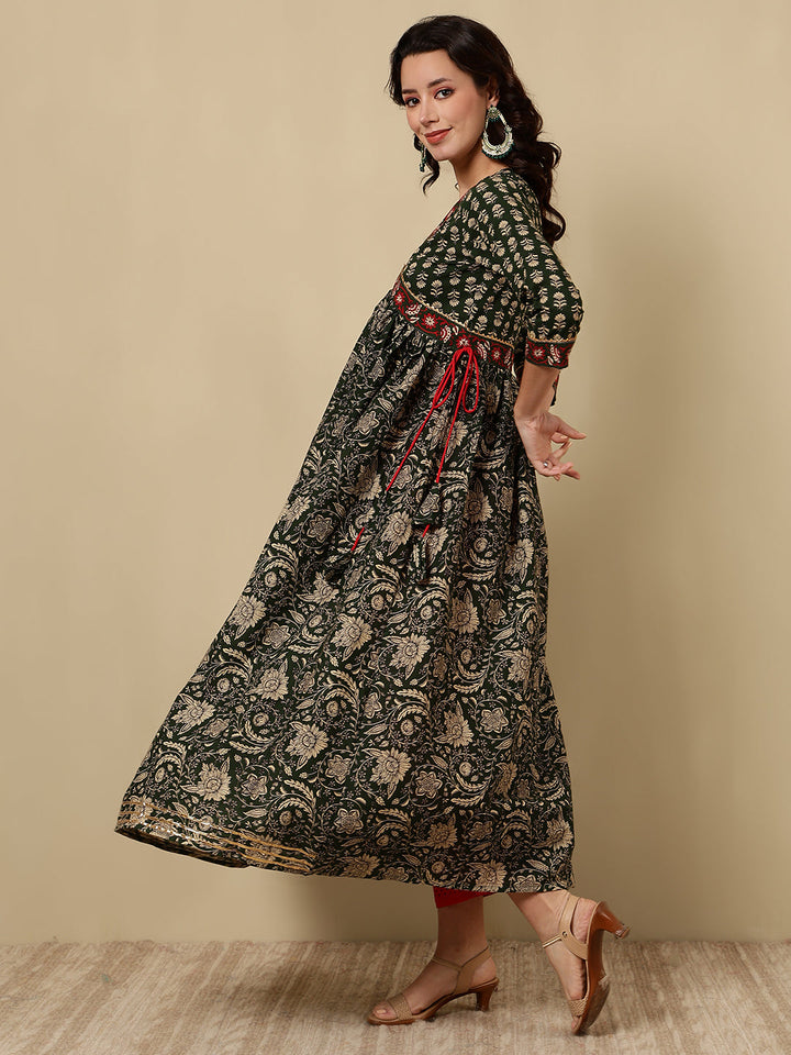 Rayon Printed Ankle Length 3/4 Sleeve V-Neck Alia Cut Tiered Kurta