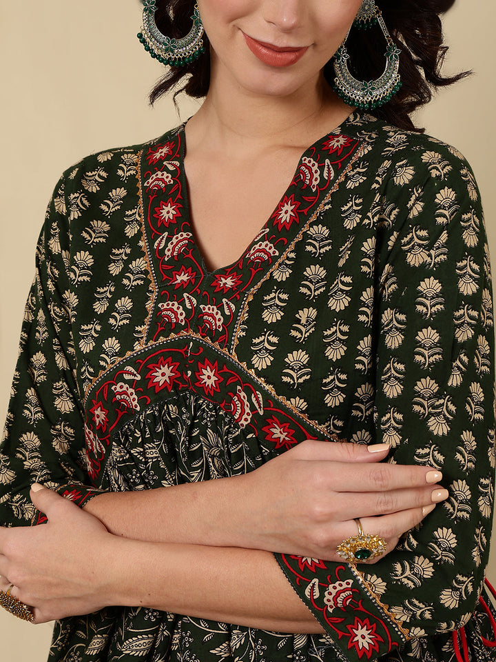 Rayon Printed Ankle Length 3/4 Sleeve V-Neck Alia Cut Tiered Kurta