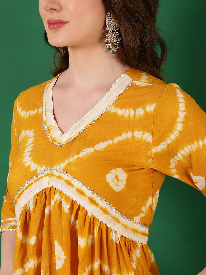 Cotton Printed Ankle Length 3/4 Sleeve V-Neck Alia Cut Tiered Kurta