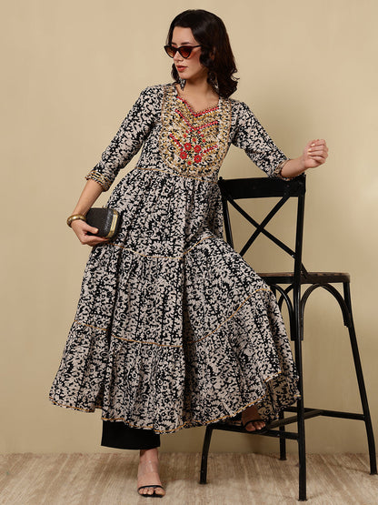 Rayon Embroidered Printed Ankle Length 3/4 Sleeve Round Neck Tiered Kurta