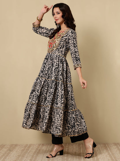 Rayon Embroidered Printed Ankle Length 3/4 Sleeve Round Neck Tiered Kurta