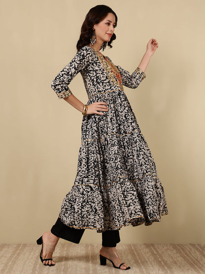 Rayon Embroidered Printed Ankle Length 3/4 Sleeve Round Neck Tiered Kurta