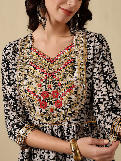 Rayon Embroidered Printed Ankle Length 3/4 Sleeve Round Neck Tiered Kurta