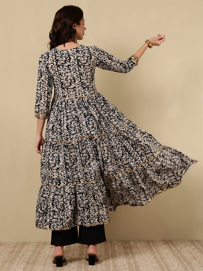 Rayon Embroidered Printed Ankle Length 3/4 Sleeve Round Neck Tiered Kurta