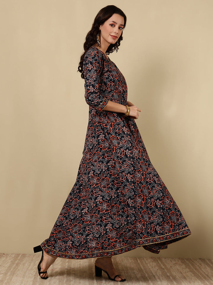 Cotton Printed Ankle Length 3/4 Sleeve V-Neck Angrakha Tiered Kurta