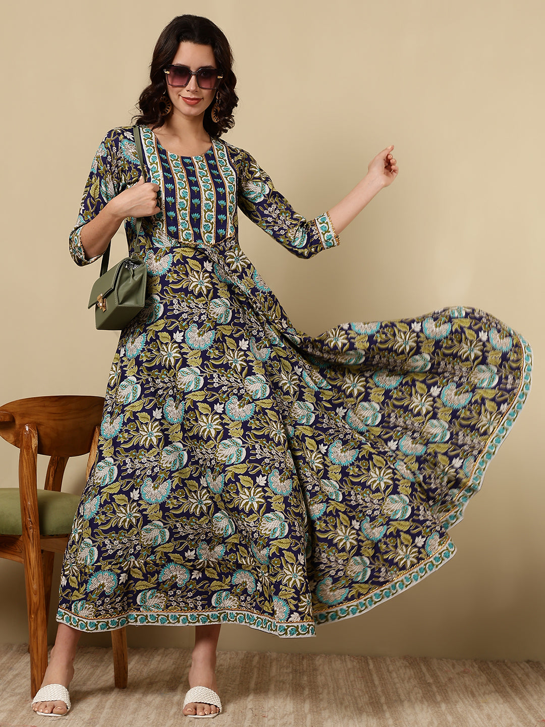 Cotton Printed Ankle Length 3/4 Sleeve Round Neck Anarkali Kurta