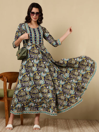 Cotton Printed Ankle Length 3/4 Sleeve Round Neck Anarkali Kurta