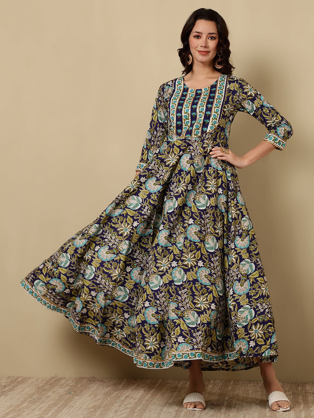 Cotton Printed Ankle Length 3/4 Sleeve Round Neck Anarkali Kurta