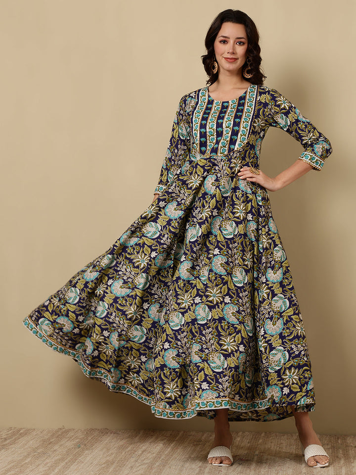 Cotton Printed Ankle Length 3/4 Sleeve Round Neck Anarkali Kurta