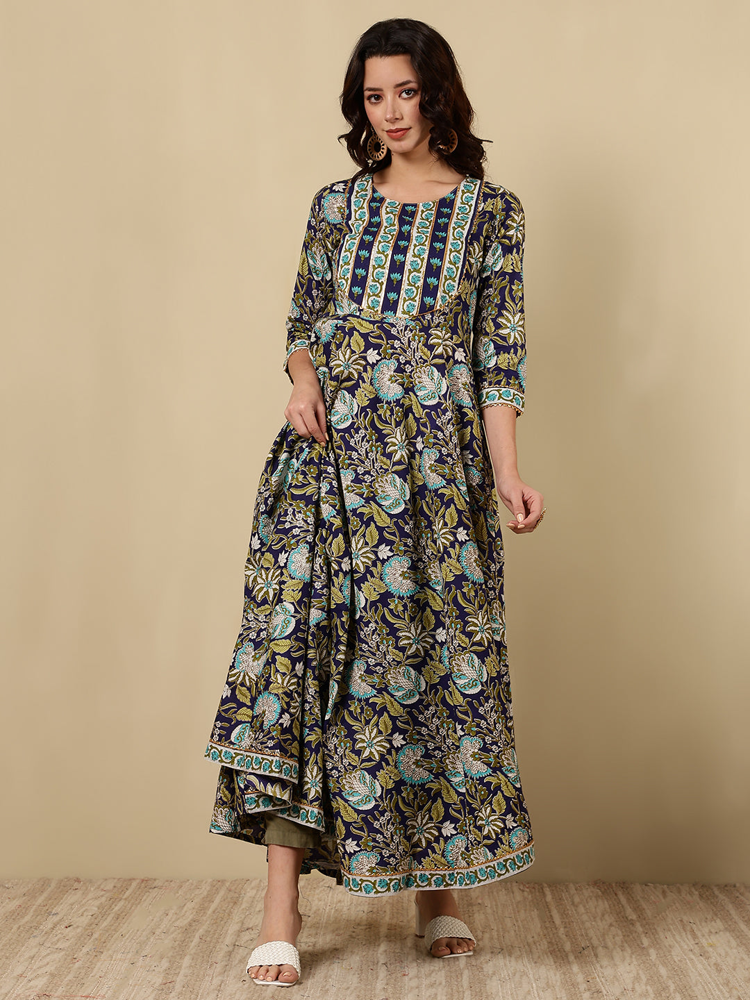Cotton Printed Ankle Length 3/4 Sleeve Round Neck Anarkali Kurta