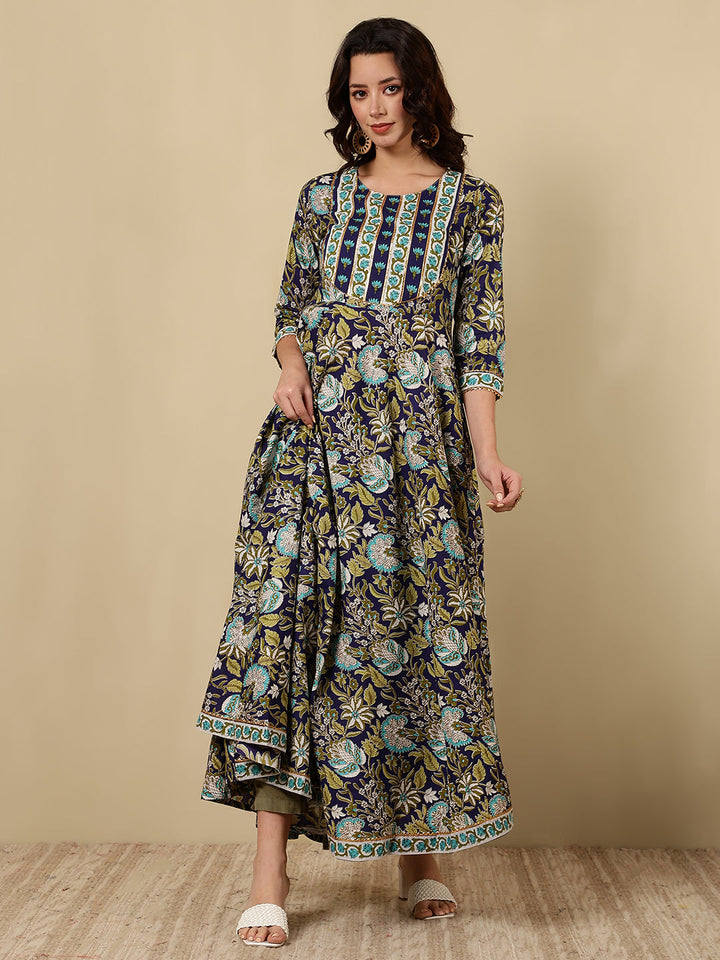 Cotton Printed Ankle Length 3/4 Sleeve Round Neck Anarkali Kurta