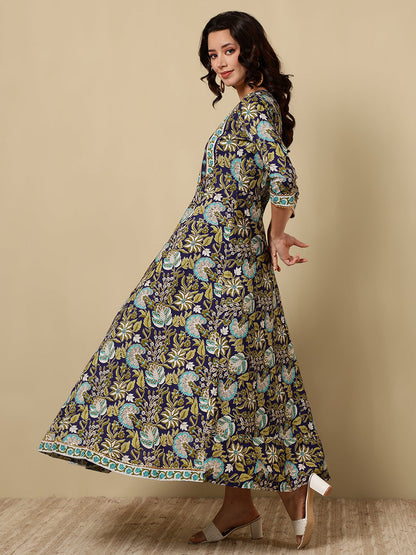 Cotton Printed Ankle Length 3/4 Sleeve Round Neck Anarkali Kurta