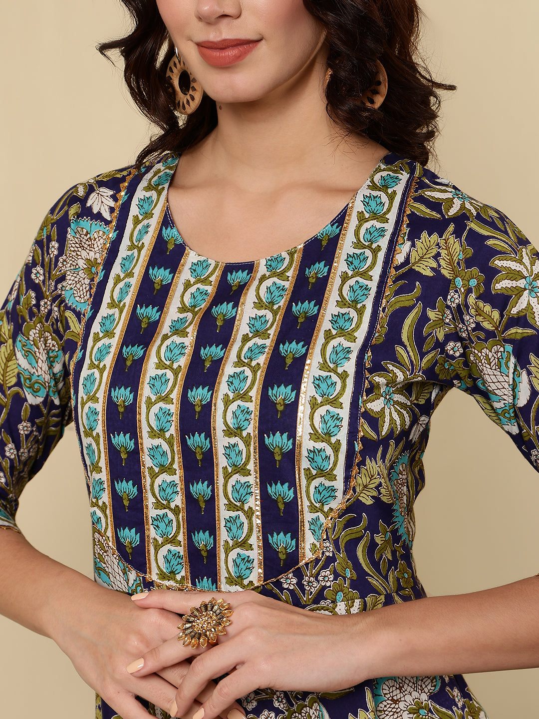 Cotton Printed Ankle Length 3/4 Sleeve Round Neck Anarkali Kurta