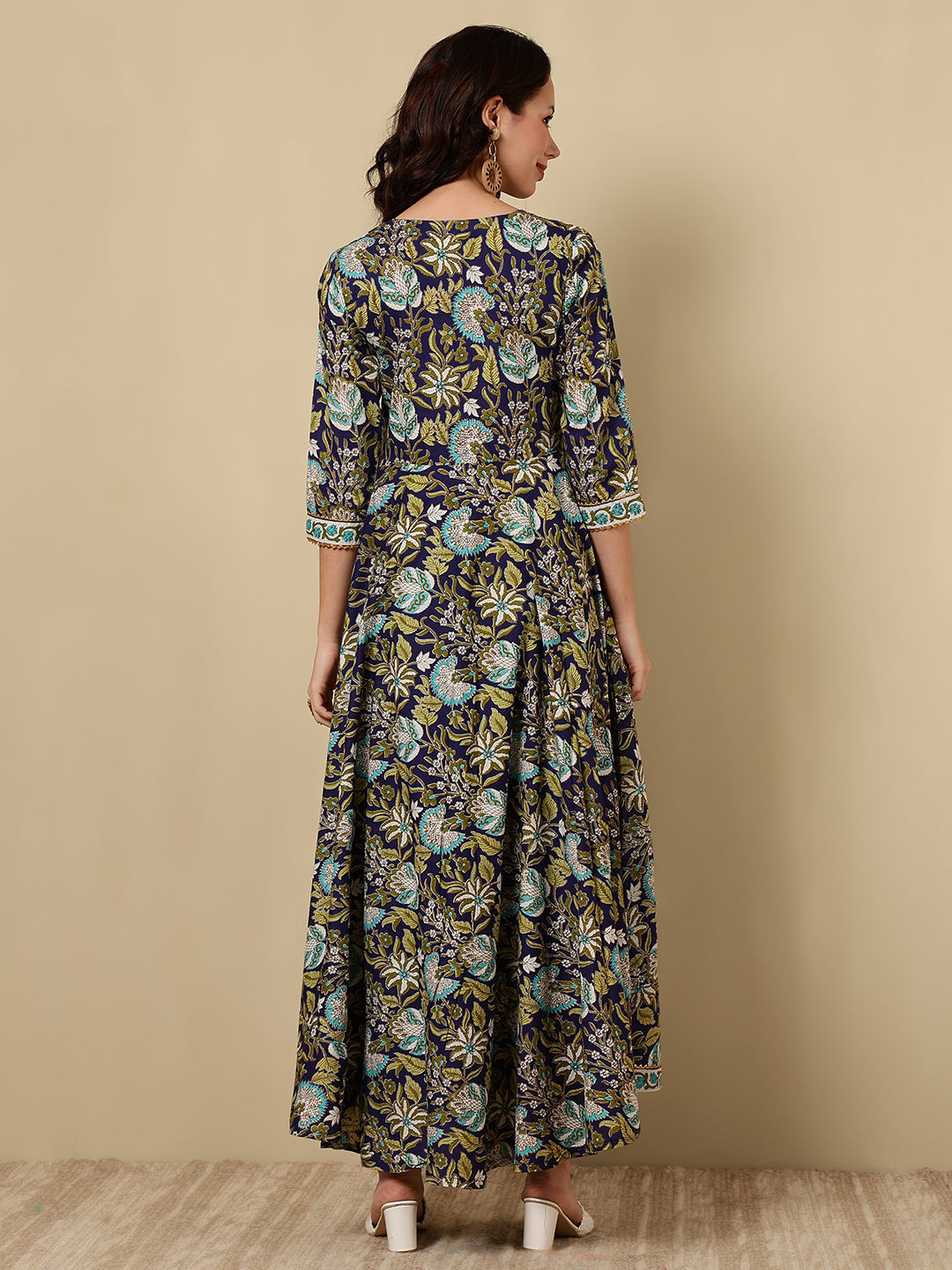 Cotton Printed Ankle Length 3/4 Sleeve Round Neck Anarkali Kurta