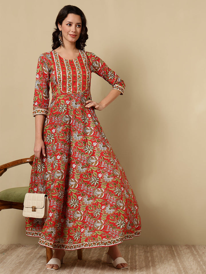 Cotton Printed Ankle Length 3/4 Sleeve Round Neck Anarkali Kurta