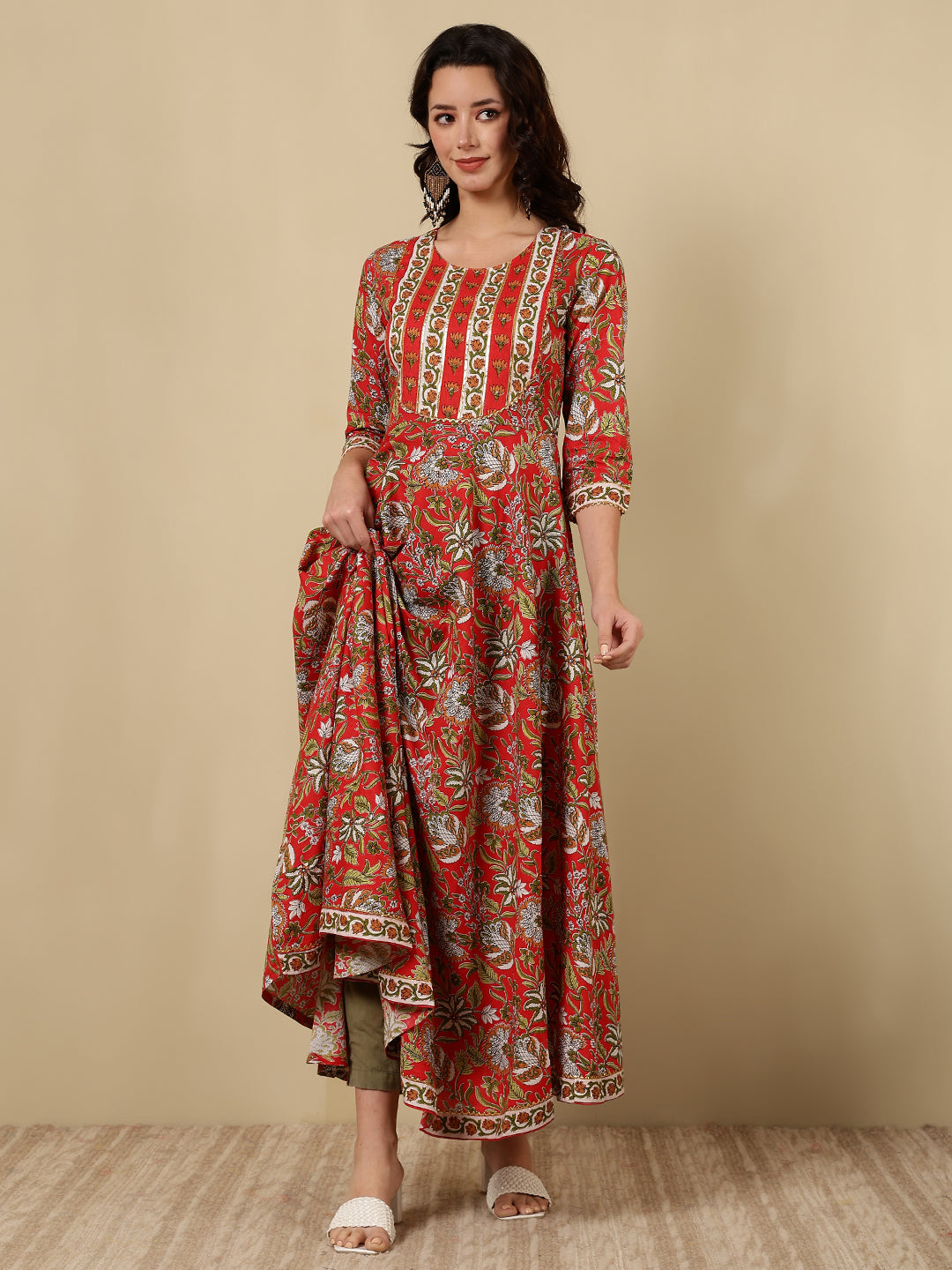 Cotton Printed Ankle Length 3/4 Sleeve Round Neck Anarkali Kurta