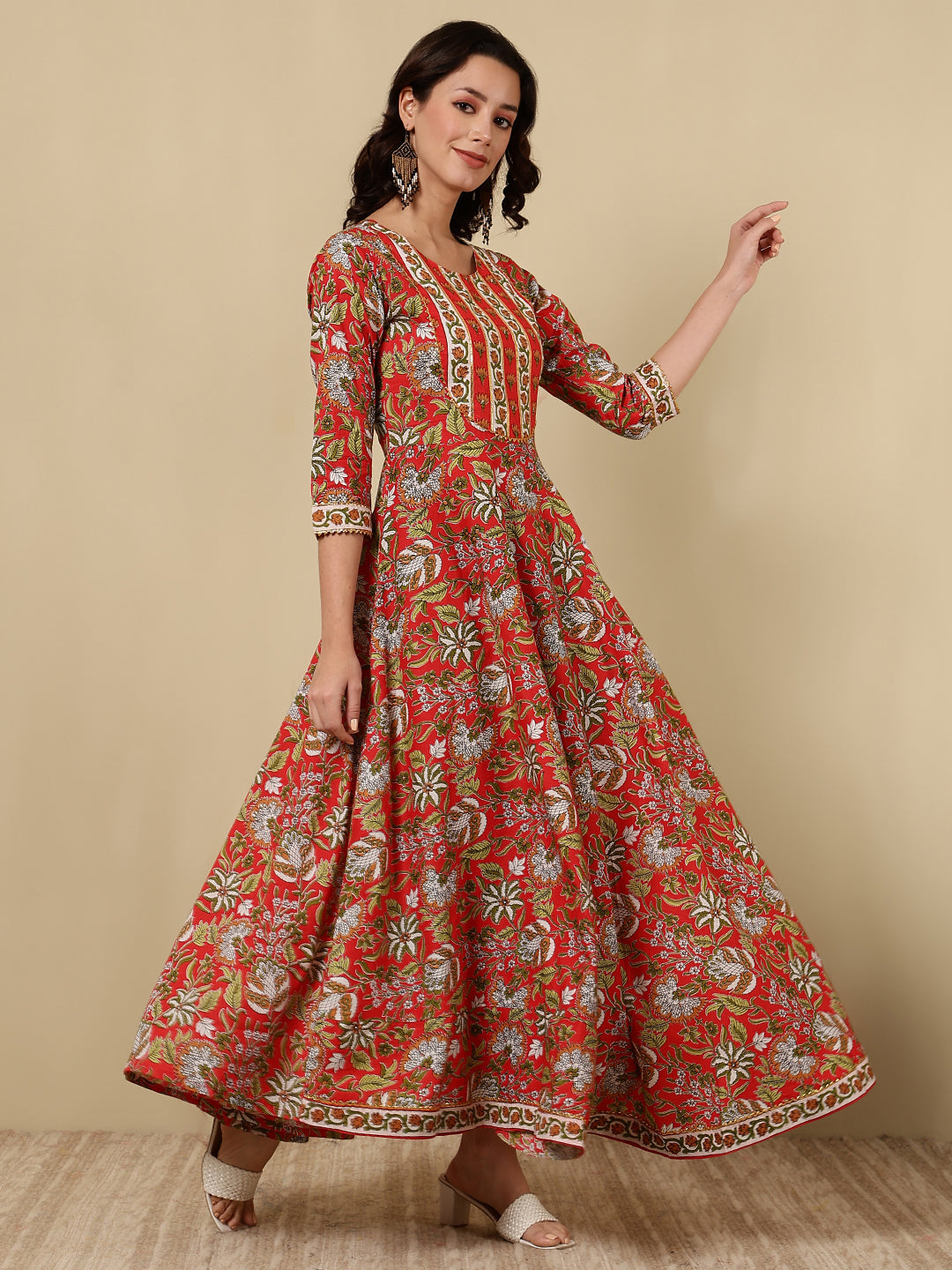 Cotton Printed Ankle Length 3/4 Sleeve Round Neck Anarkali Kurta