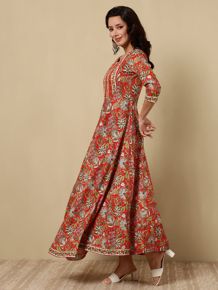 Cotton Printed Ankle Length 3/4 Sleeve Round Neck Anarkali Kurta