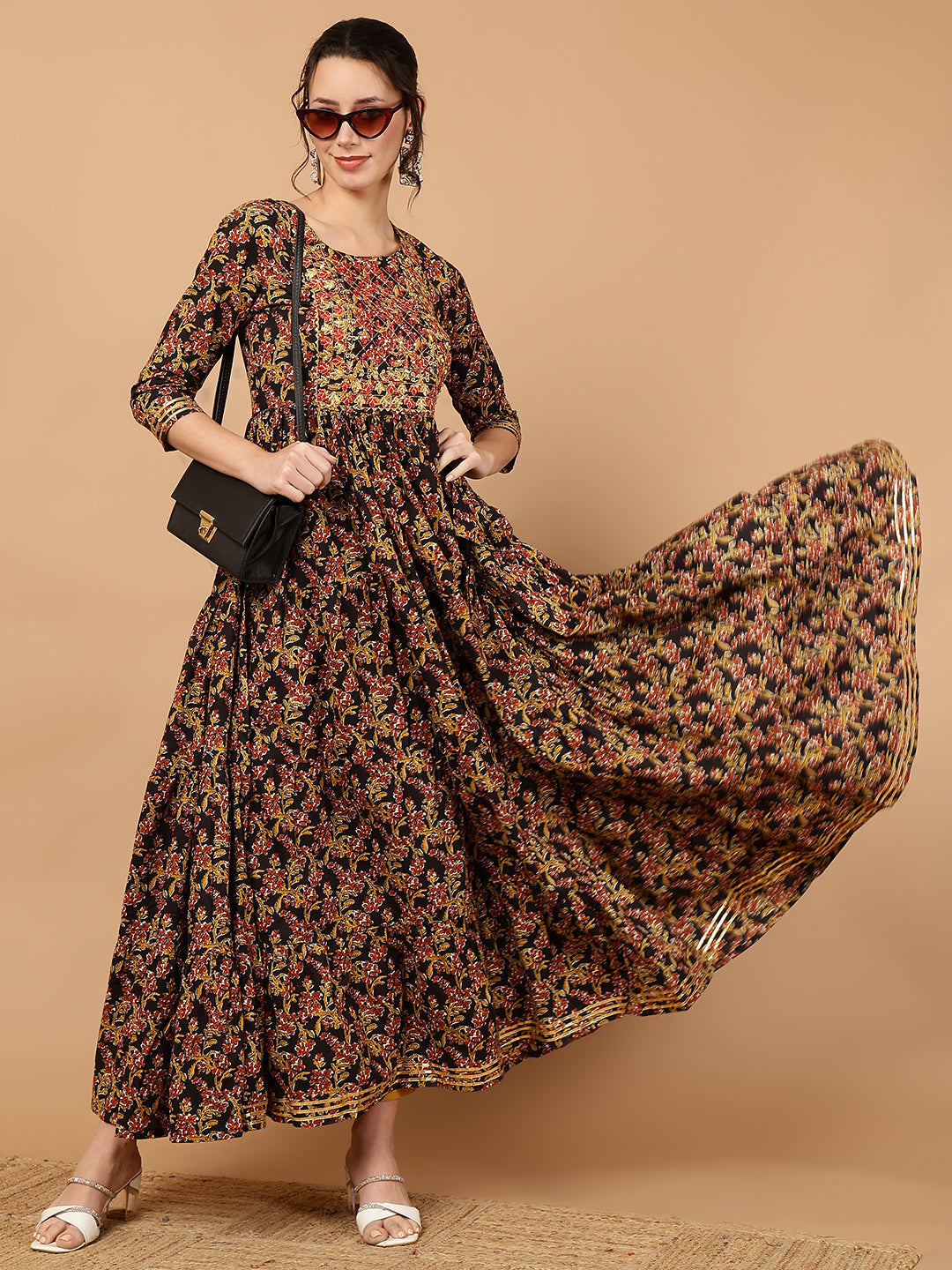 Rayon Embroidered Printed Ankle Length 3/4 Sleeve Round Neck Tiered Kurta