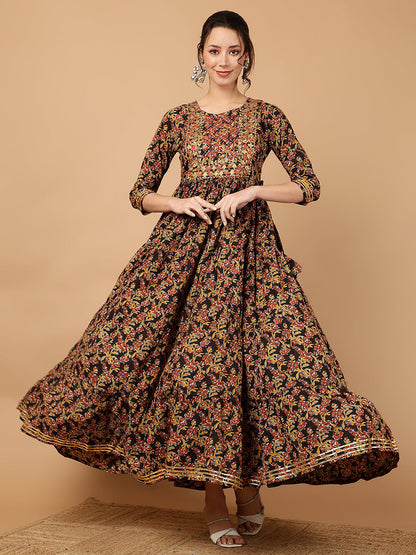 Rayon Embroidered Printed Ankle Length 3/4 Sleeve Round Neck Tiered Kurta