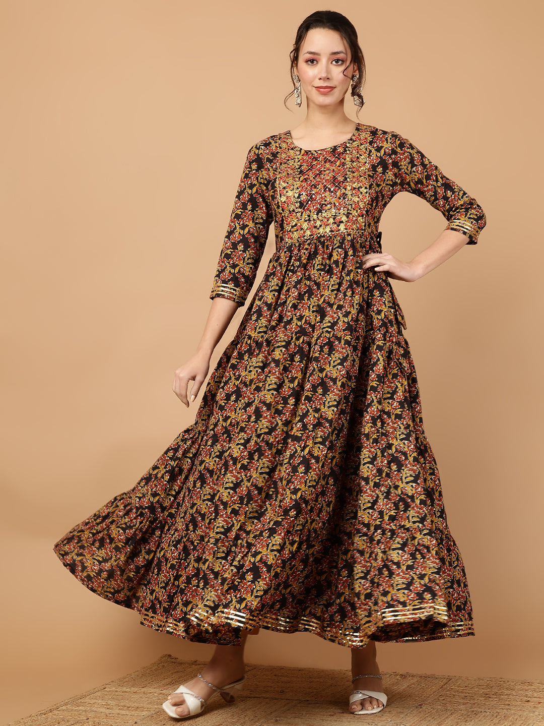 Rayon Embroidered Printed Ankle Length 3/4 Sleeve Round Neck Tiered Kurta