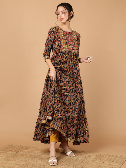 Rayon Embroidered Printed Ankle Length 3/4 Sleeve Round Neck Tiered Kurta
