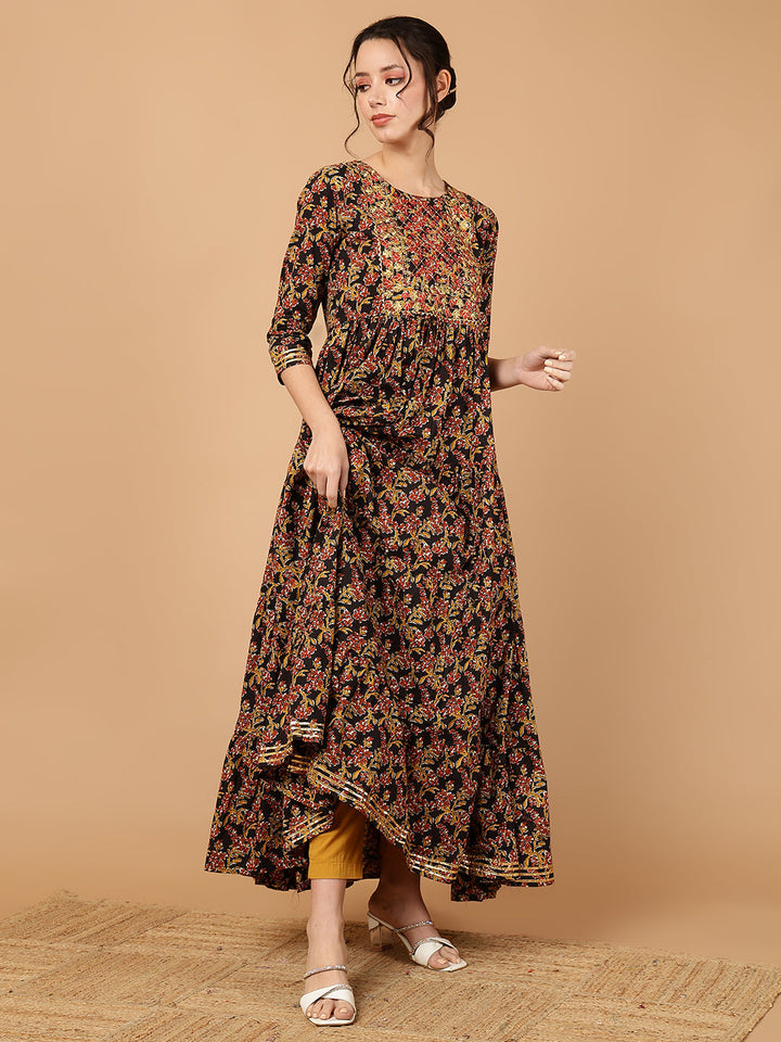 Rayon Embroidered Printed Ankle Length 3/4 Sleeve Round Neck Tiered Kurta