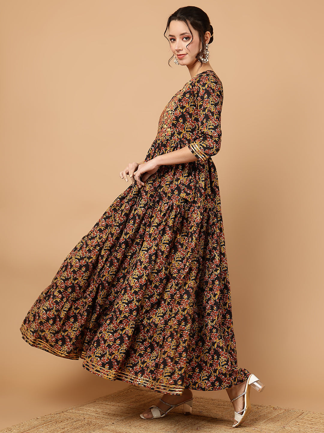 Rayon Embroidered Printed Ankle Length 3/4 Sleeve Round Neck Tiered Kurta