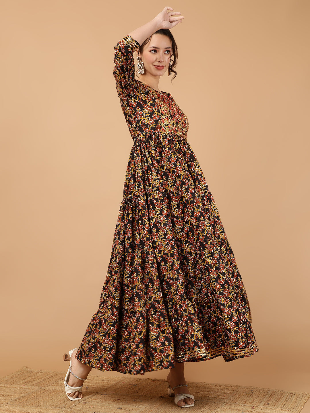 Rayon Embroidered Printed Ankle Length 3/4 Sleeve Round Neck Tiered Kurta