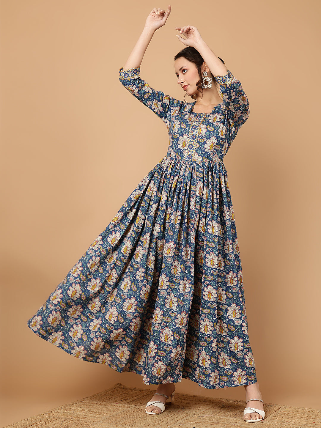 Rayon Printed Ankle Length 3/4 Sleeve Round Neck Flared Kurta