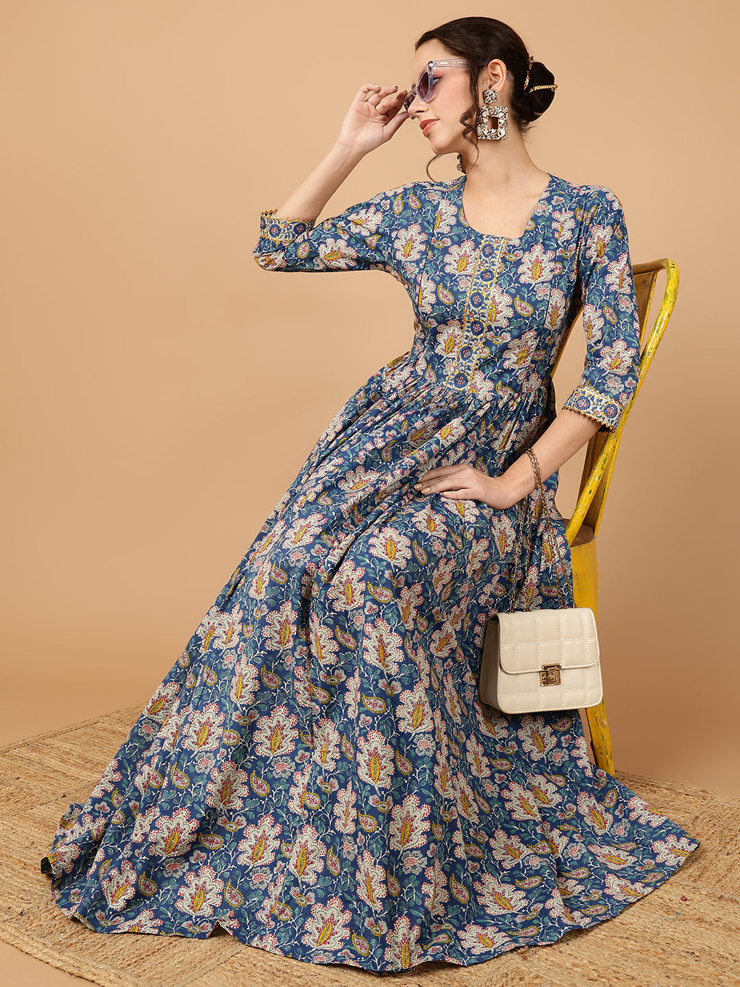 Rayon Printed Ankle Length 3/4 Sleeve Round Neck Flared Kurta